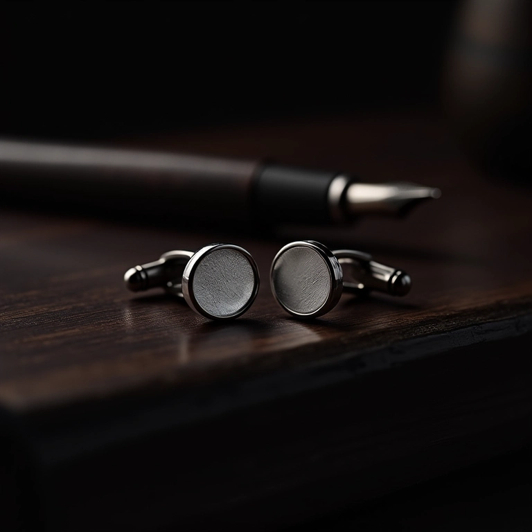 Abotoaduras clássicas de prata sobre madeira escura