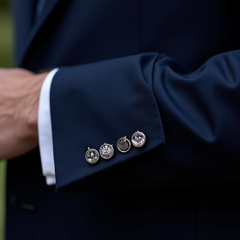 Abotoaduras prateadas com terno azul marinho