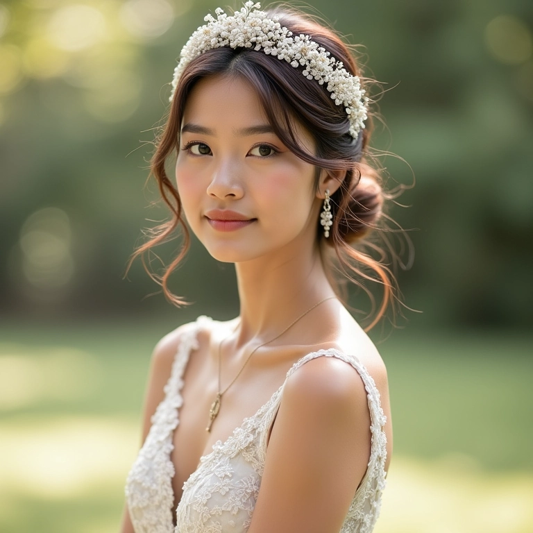 Acessórios de noiva lindamente estilizados com um vestido curto visível.