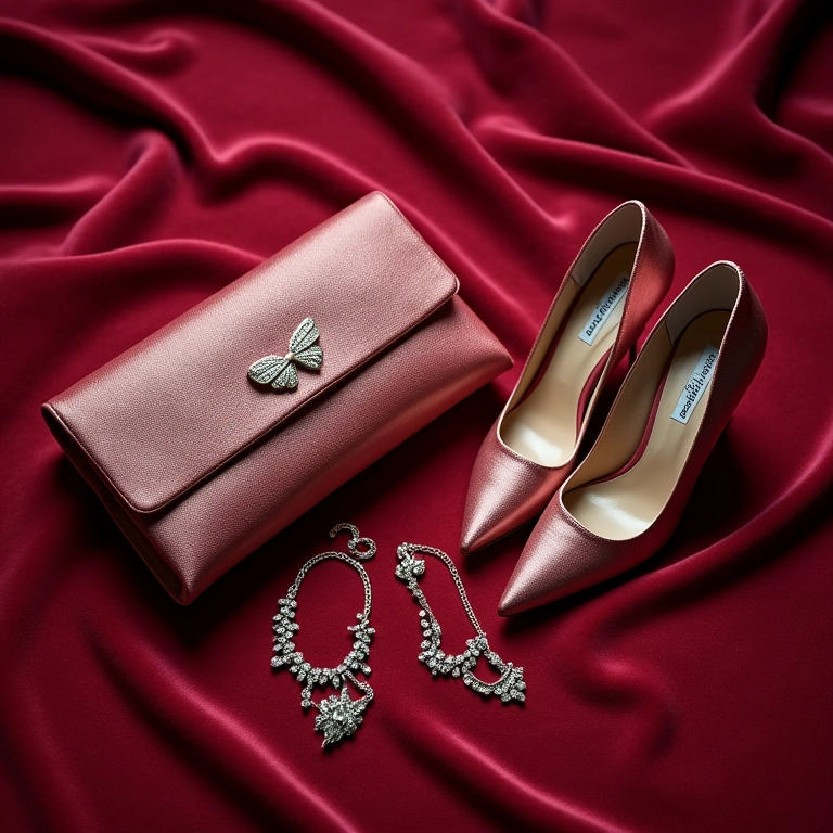 Acessórios essenciais para a mãe da noiva: clutch, salto alto e joias.