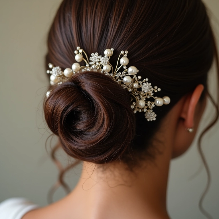 Acessórios que fazem a diferença no penteado preso da noiva.