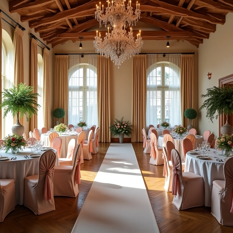 Adaptação da decoração de casamento a um local com decoração pré-definida.