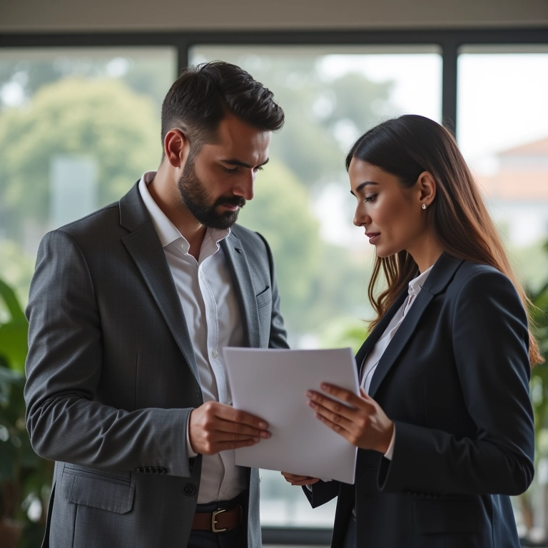 Advogado explicando documentos legais a um casal, representando a importância da orientação jurídica.