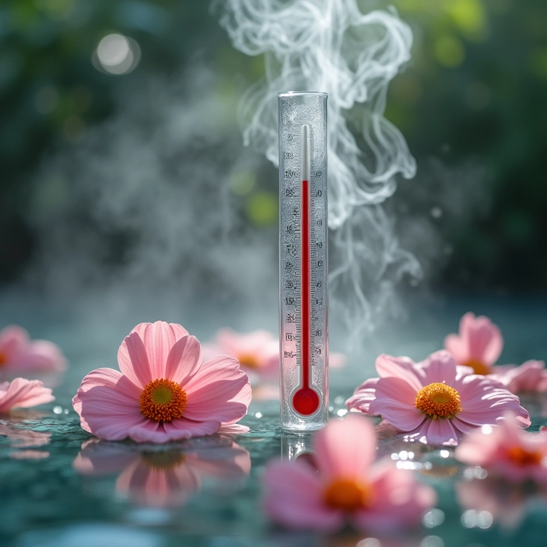 Água do ofurô com vapor, termômetro e flores, indicando a temperatura ideal.