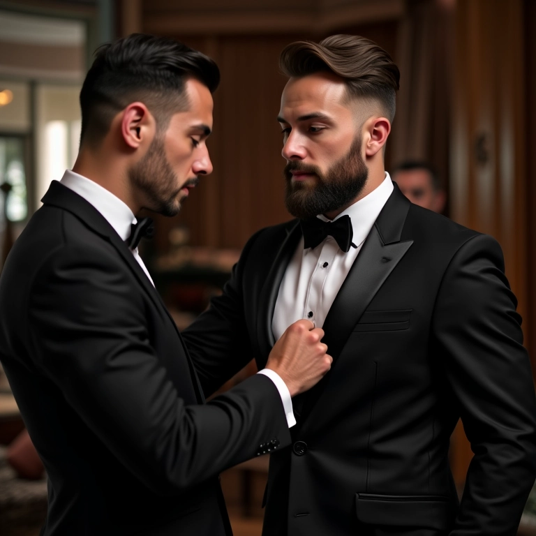 Alfaiate ajustando o smoking de um noivo em um ateliê brasileiro.