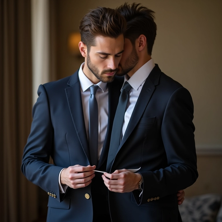 Alfaiate ajustando traje de noivo alugado com limitações.