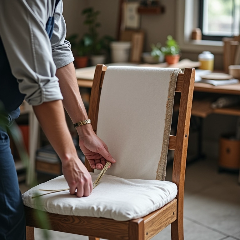 Alfaiate medindo cadeira para capa sob medida.