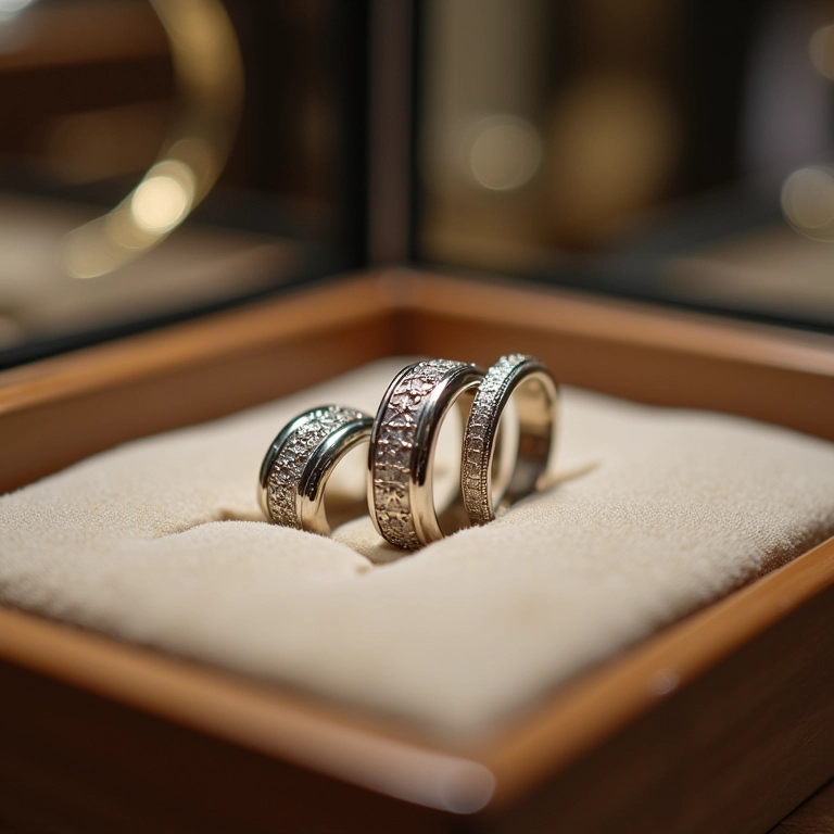 Alianças com gravação à venda em joalheria.