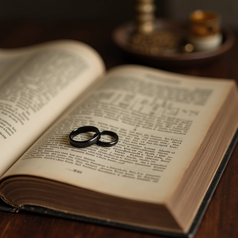 Alianças de casamento sobre livro antigo com árvore genealógica.