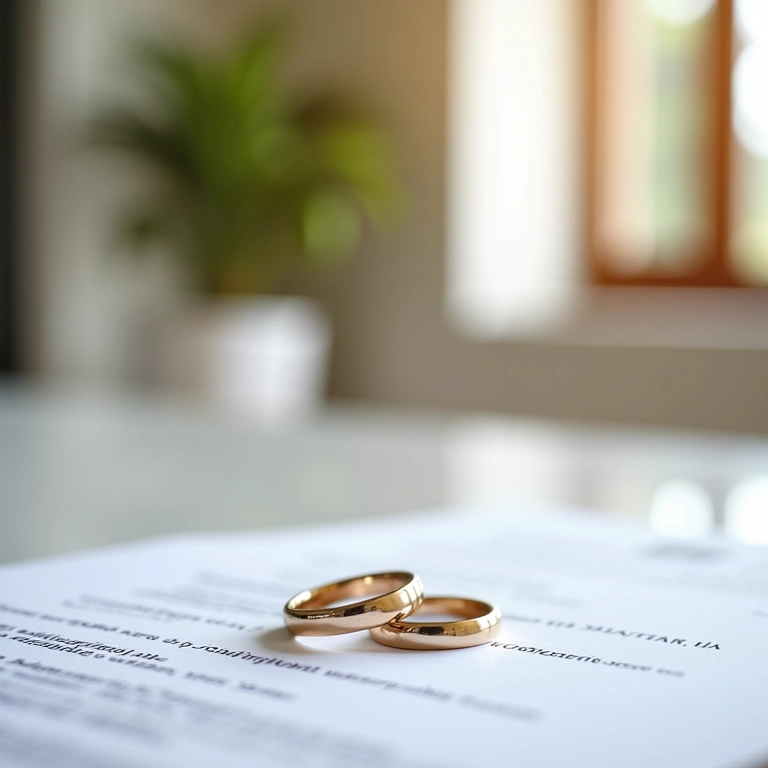 Regimes de Bens: Guia Completo Para a Escolha Alianças entrelaçadas sobre contrato de regime de bens, simbolizando o planejamento financeiro do casamento.