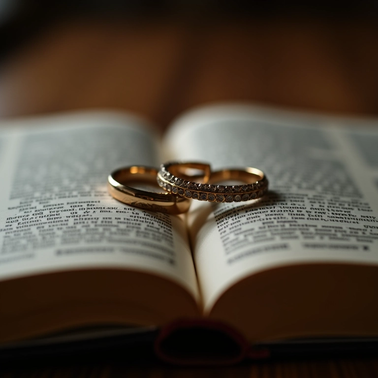 Alianças repousando sobre Bíblia aberta, simbolizando o significado profundo da bênção.