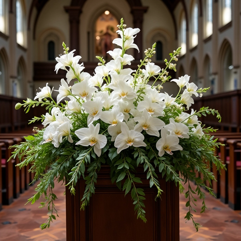 Altar de igreja histórica decorado com arranjo em cascata de orquídeas e lírios.