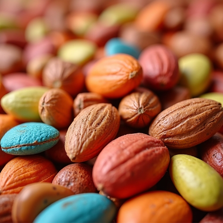Amêndoas coloridas em arranjo vibrante, ambiente alegre e festivo.