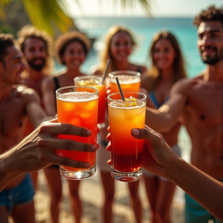 Amigos brindando em uma despedida de solteiro com drinks vibrantes em um cenário tropical.