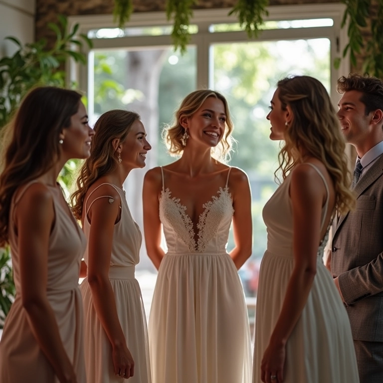 Amigos discutindo opções de trajes para um casamento, comunicação eficaz.