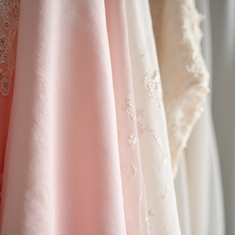 Amostras de tecidos para vestidos de noiva: seda, renda, chiffon.