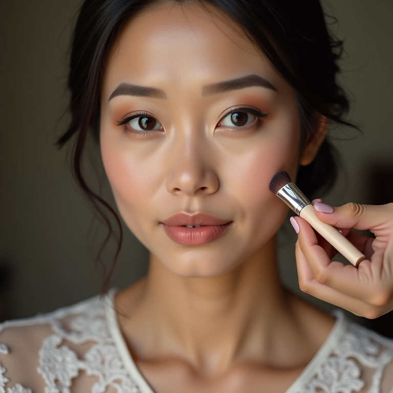 Aplicação de base matte para pele oleosa em noiva oriental.
