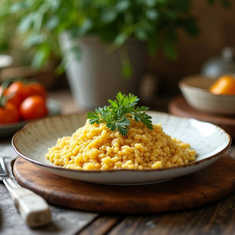 Apresentação elegante de estação de risotos com utensílios requintados.