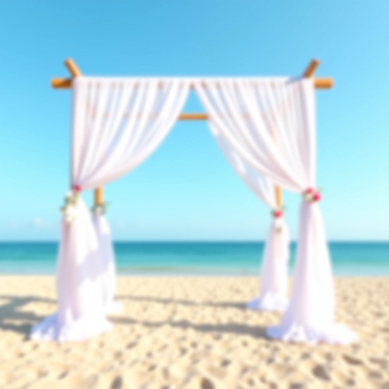 Arco de casamento na praia coberto com tecido branco.