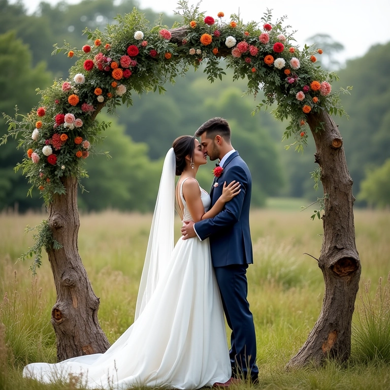 Arco de casamento rústico com noivos se abraçando.