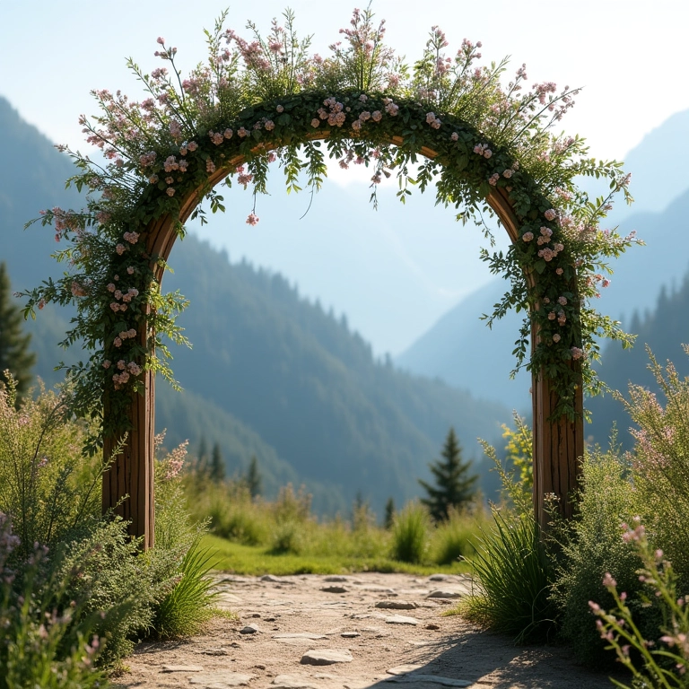 Arco de casamento rústico decorado com flores silvestres e vegetação.