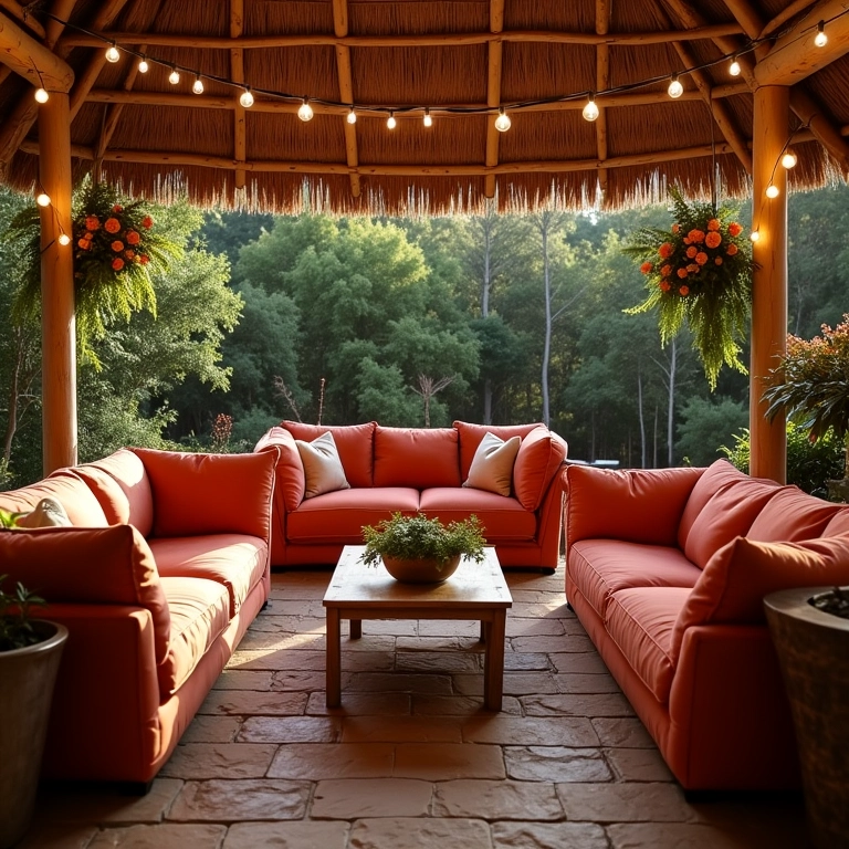 Área de lounge aconchegante com sofás e poltronas de aluguel.