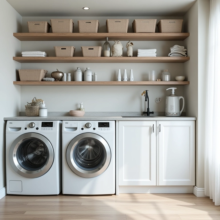 Área de serviço organizada com produtos de limpeza.