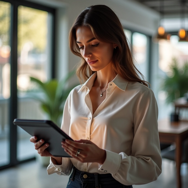 Arquiteta brasileira usando tablet para gerenciar lista de presentes em dinheiro.