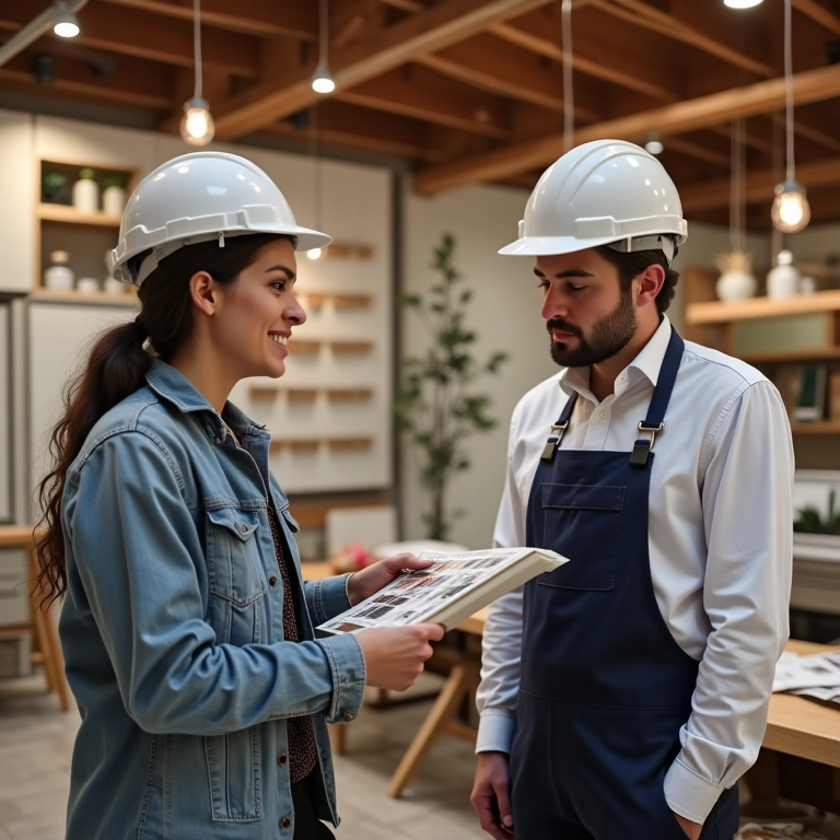 Arquiteta explicando opções de móveis rústicos para casamento.