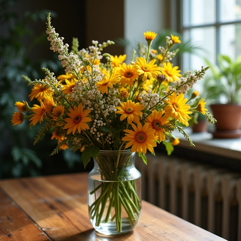Arranjo baixo com flores silvestres.