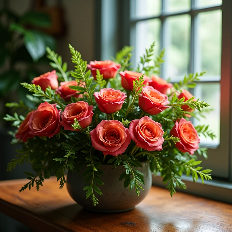 Arranjo baixo com rosas e folhagens.