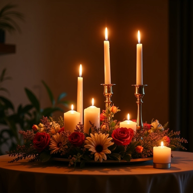 Arranjo baixo com velas e castiçais.