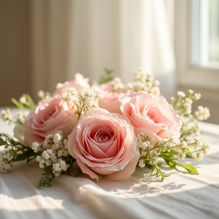 Arranjo baixo em tons pastel.