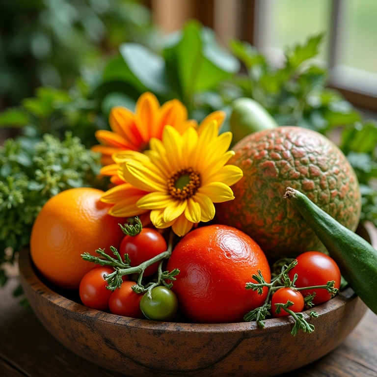 Arranjo com frutas e legumes.