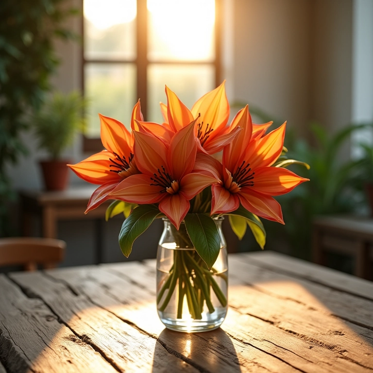 Arranjo de flores de origami em um vaso de vidro, decorando uma mesa rústica.