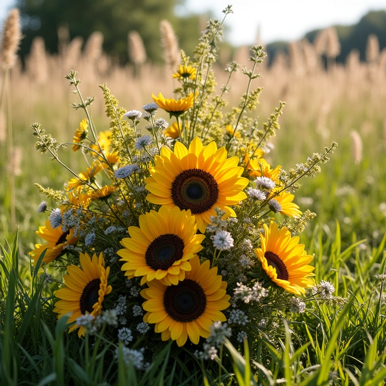 Arranjo em cascata com girassóis e flores silvestres para casamento ao ar livre.