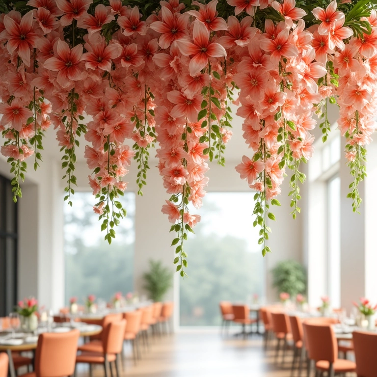Arranjo floral aéreo com lírios brancos em área de recepção de casamento.