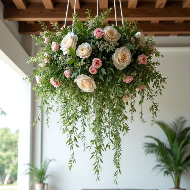 Arranjo floral em cascata suspenso com glicínias e folhagens.