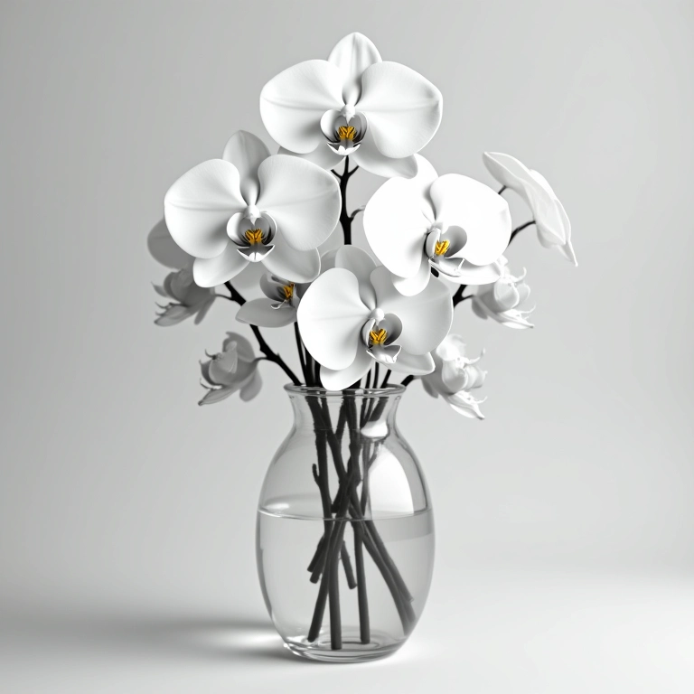 Arranjo floral monocromático com orquídeas brancas.