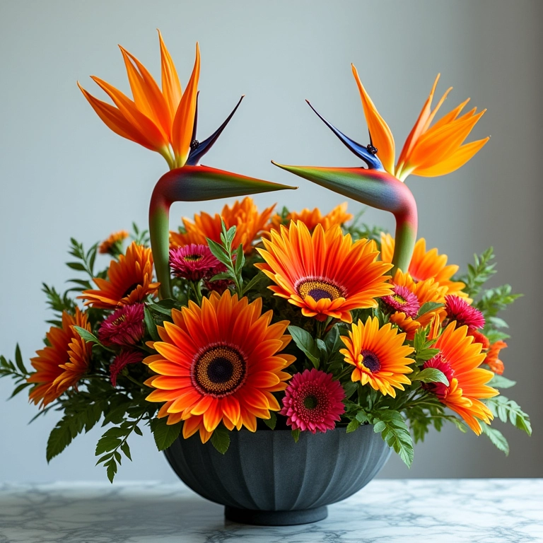 Arranjo moderno com flores exóticas.