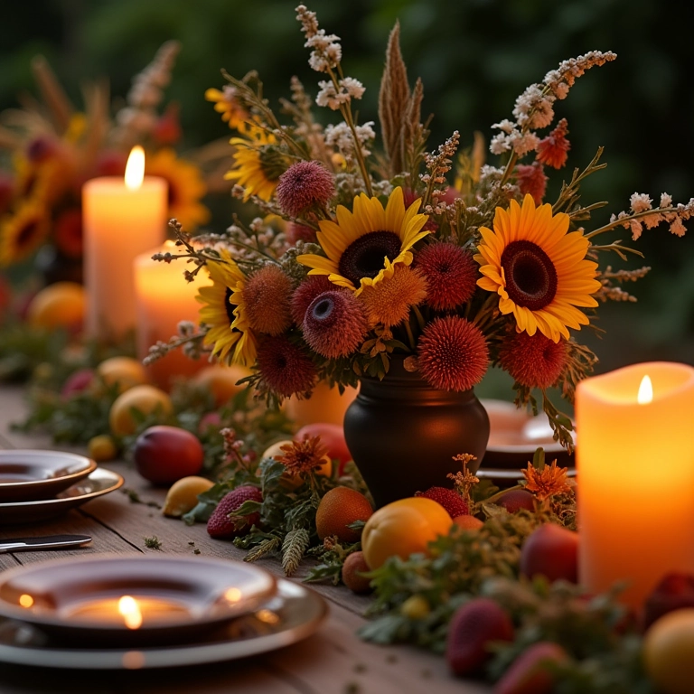 Arranjos de flores do campo combinados com frutas e velas em mesa de casamento.