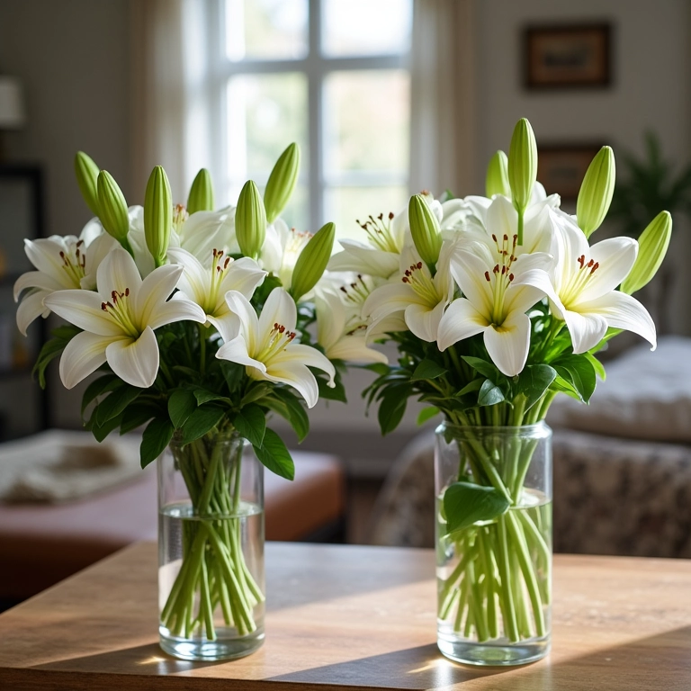 Arranjos de lírios brancos em diferentes locais da casa: sala e quarto.