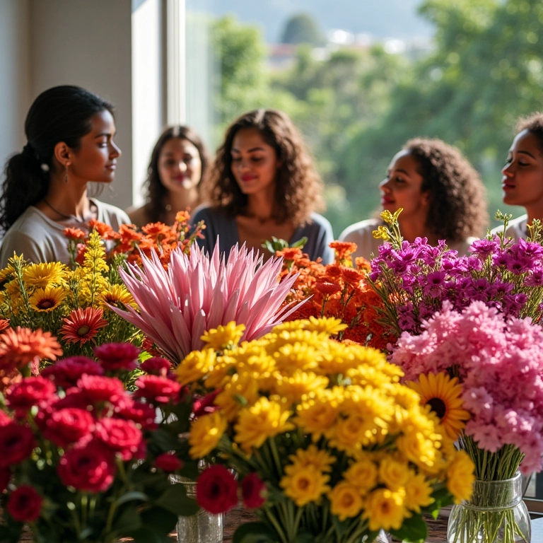 Arranjos florais coloridos em casa brasileira moderna, mostrando seu apelo.