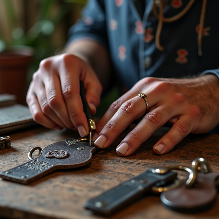 Artesão brasileiro criando chaveiros personalizados em oficina.