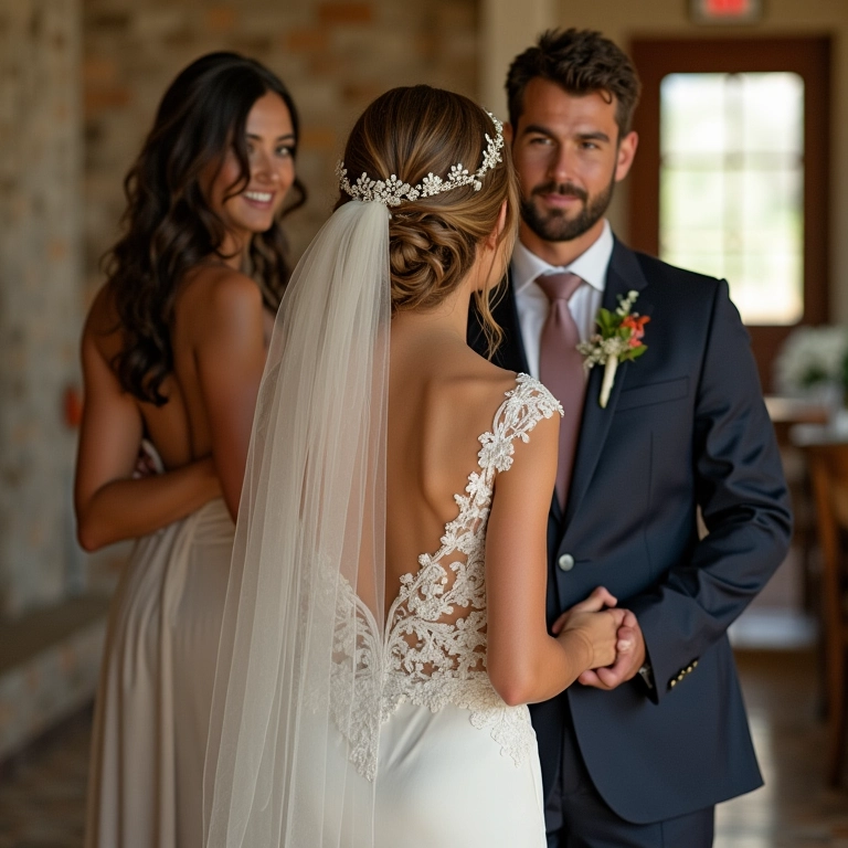 Assessora dando suporte à noiva, revisando contratos.