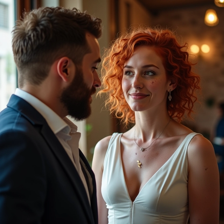 Assessora de casamento conversando com noivos em café francês.