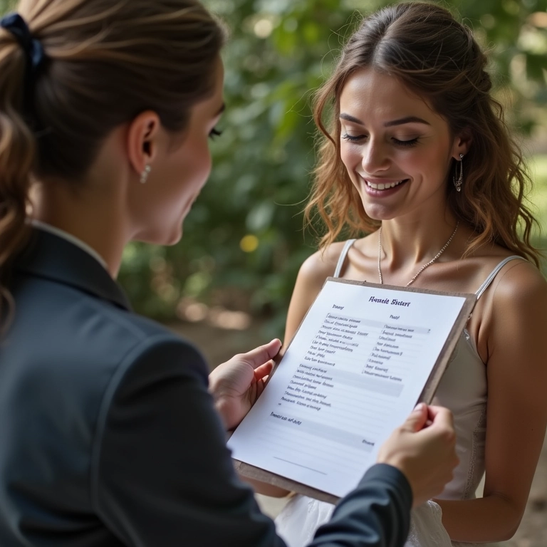 Assessora entregando checklists finais ao casal.