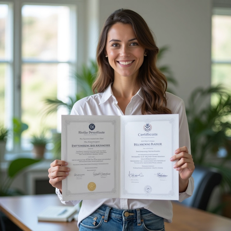 Assessora mostrando diplomas e certificações.