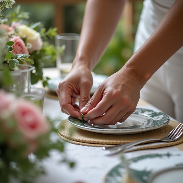 Assessora organizando arranjos florais para casamento.