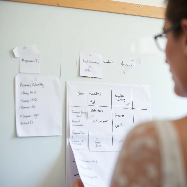Assessora organizando cronograma de casamento em quadro branco.
